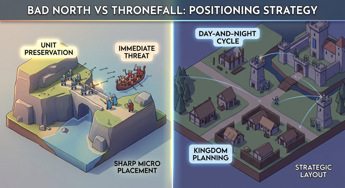 Bad North and Thronefall defenses facing contrasting tactical battlefields