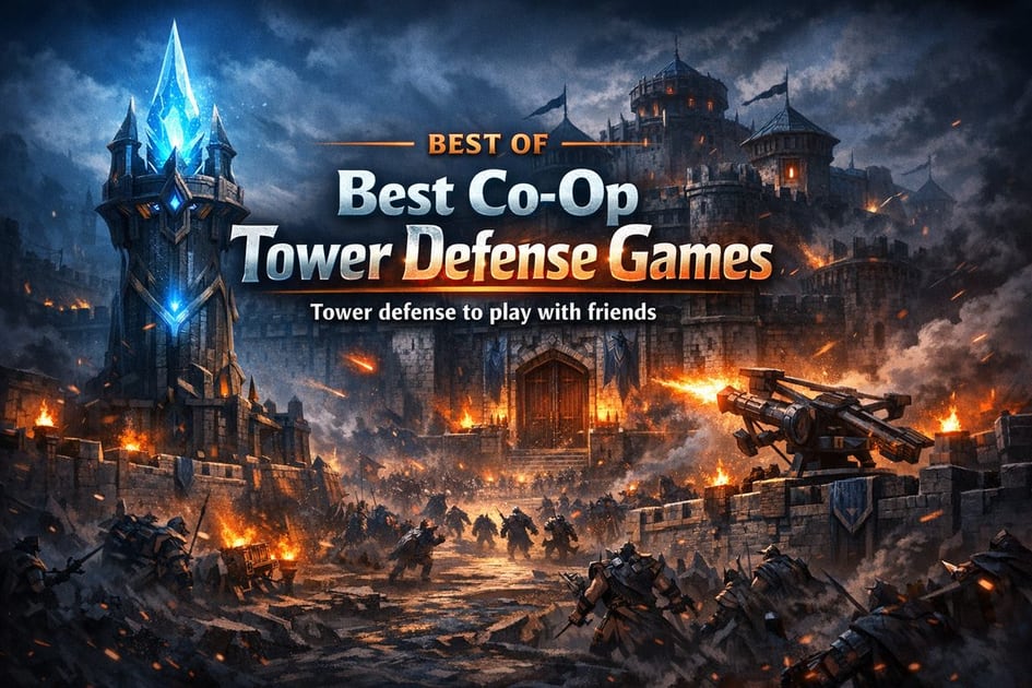 Two players defending a fortress with towers, traps, and waves