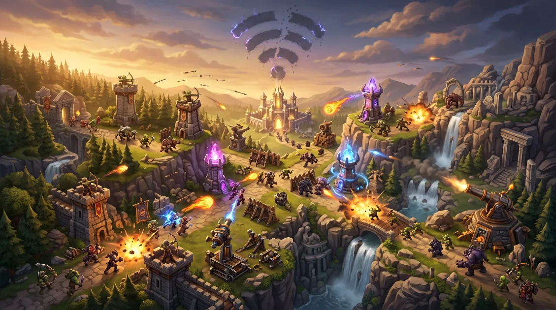 Fantasy towers defending branching lanes while a broken Wi-Fi symbol glows above the battlefield