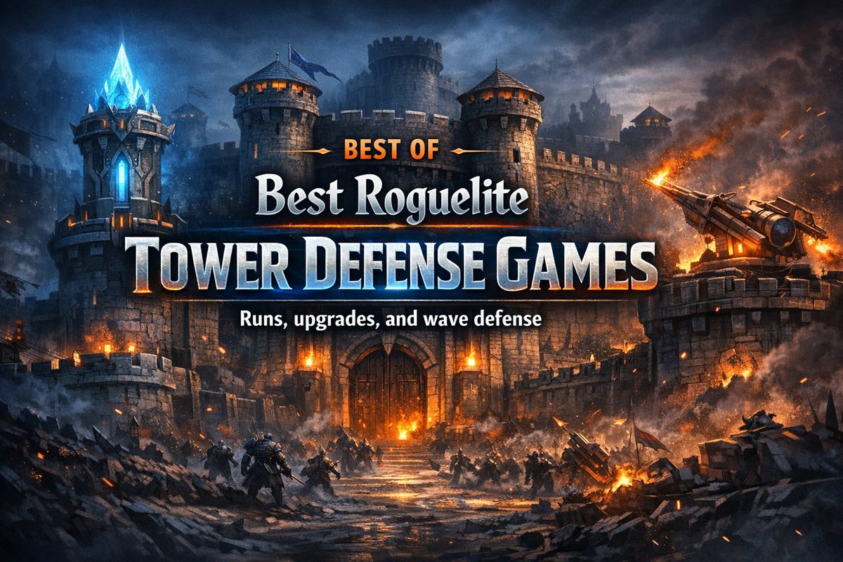 Stylized defenses holding lanes against endless roguelite enemy waves