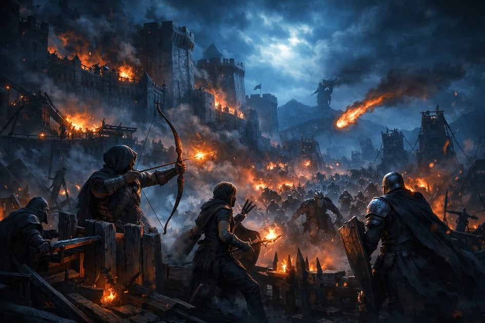 Fortified base under siege from massive hordes at night