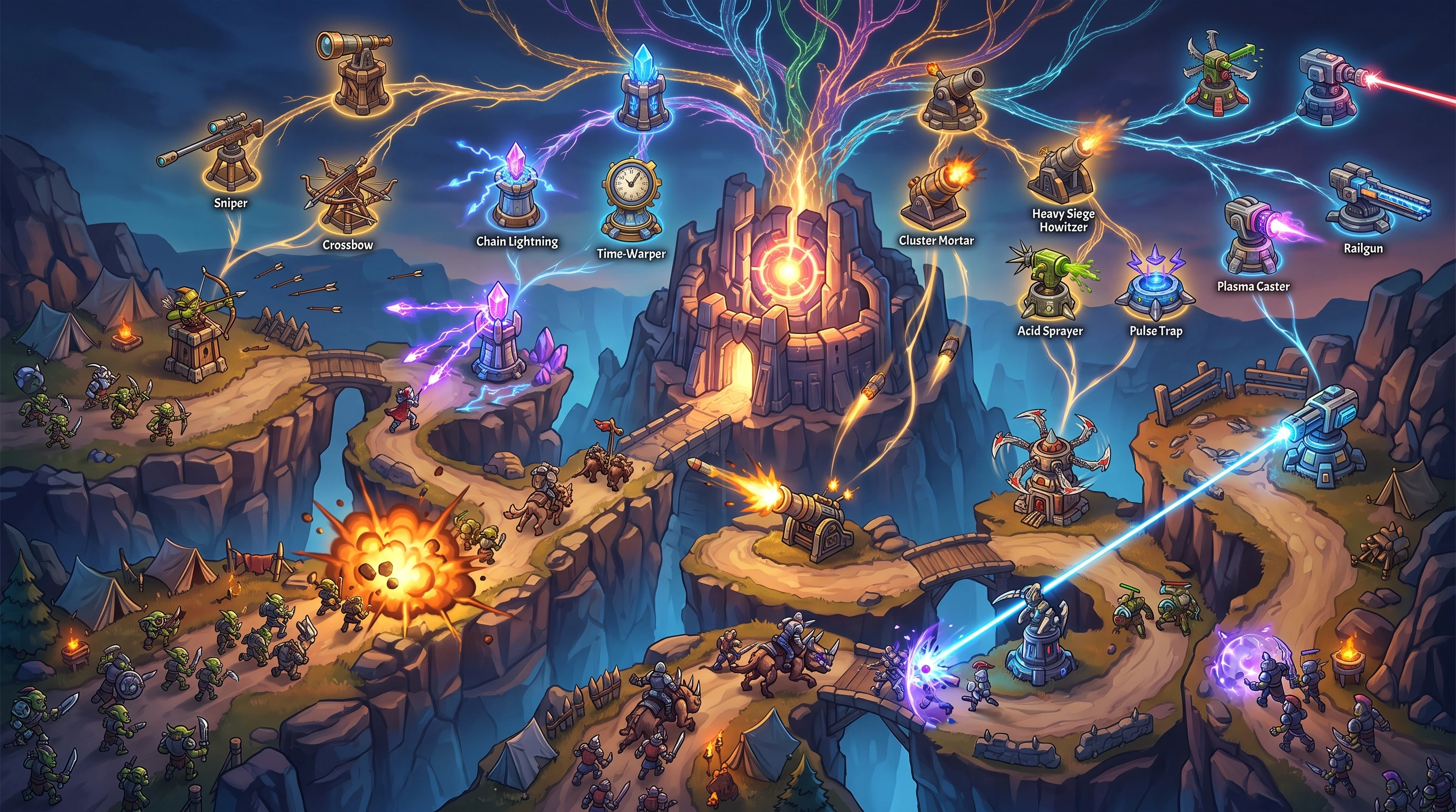 Branching upgrade tree over a fortified tower defense battlefield
