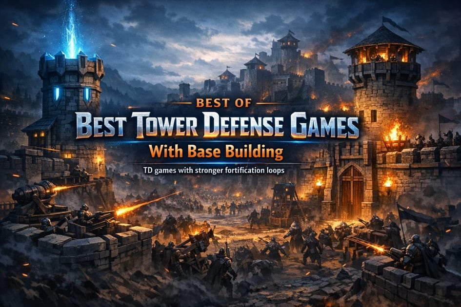 Fortified settlement with walls, towers, and enemies attacking at night