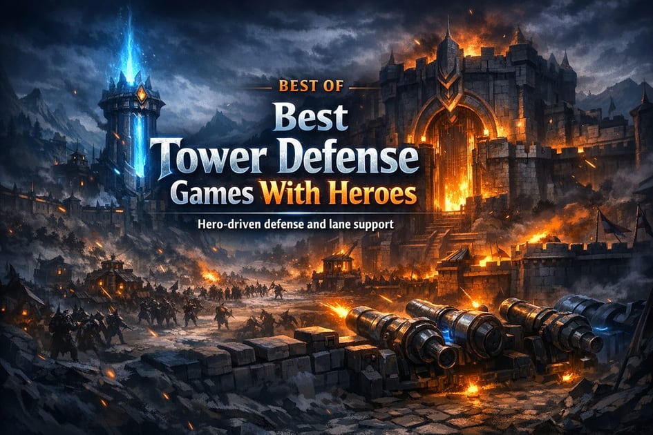 Hero-led defenders holding lanes with towers and traps under siege