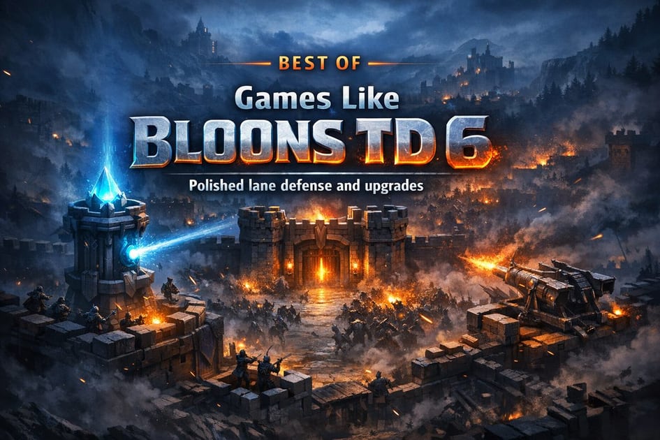 Colorful towers defending winding lanes against incoming wave assaults