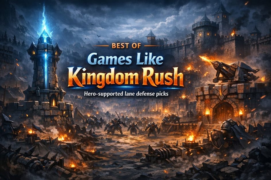 Colorful tower defense battlefield with towers, lanes, and approaching enemy waves