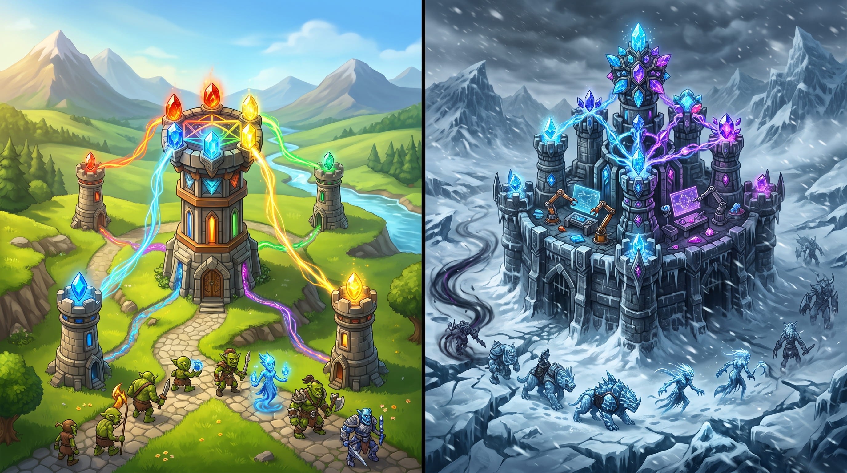 Split illustration of a colorful gem tower firing rainbow beams at goblins beside a frozen crystal fortress under storm light