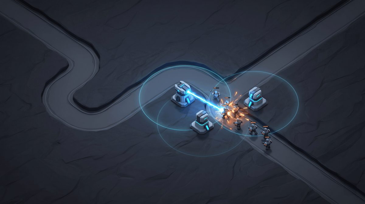 Minimalist tower defense map with sparse towers guarding winding lanes