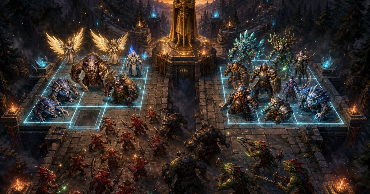 Two opposing fantasy lanes of colorful fighters on glowing grids, with a golden king statue and incoming waves