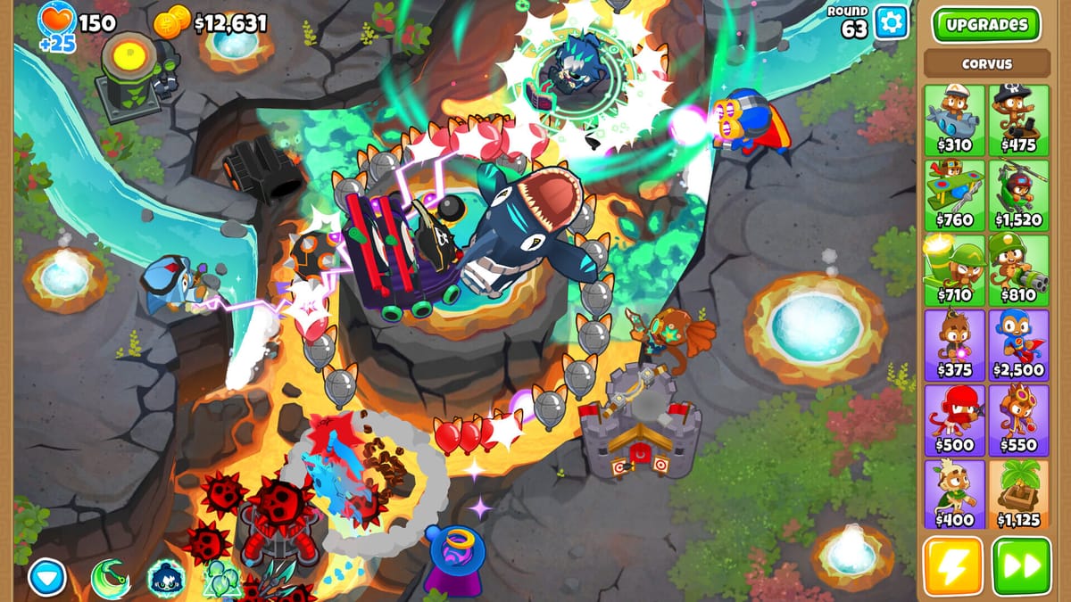 Bloons TD 6: colorful balloon waves and monkey towers on a green map