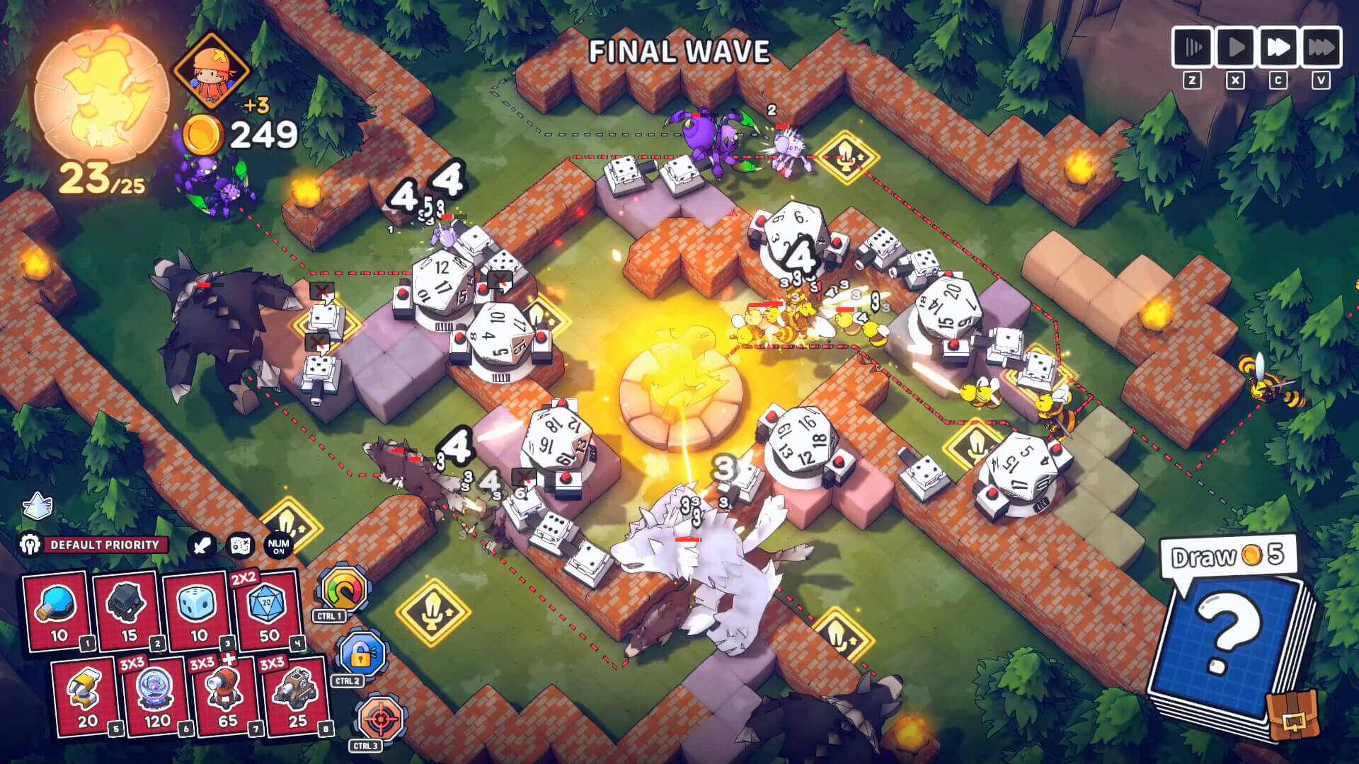 Emberward: roguelite tower defense with maze-like paths, glowing towers, and enemy waves on a stylized map