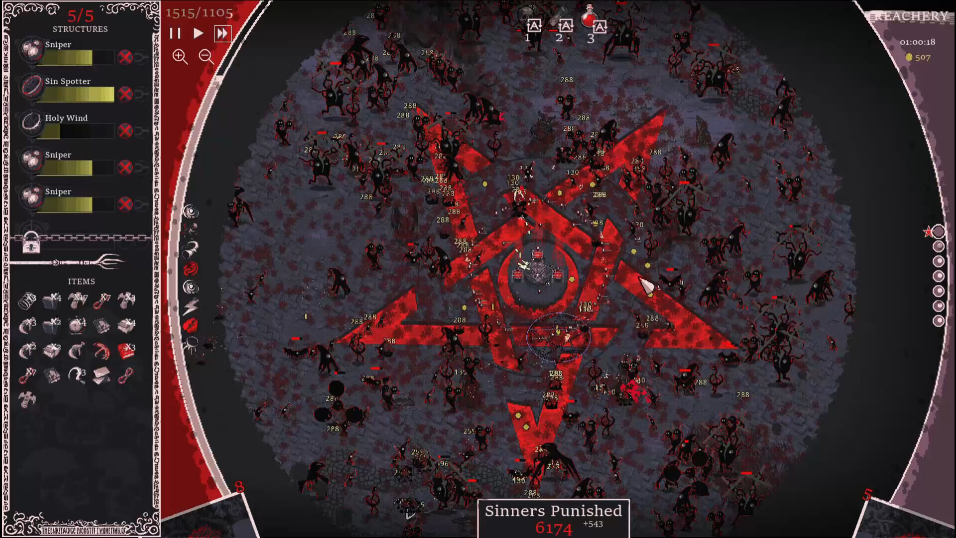 Heretic's Fork: dark fantasy lane defense with towers, enemies on a path, and card-driven UI elements