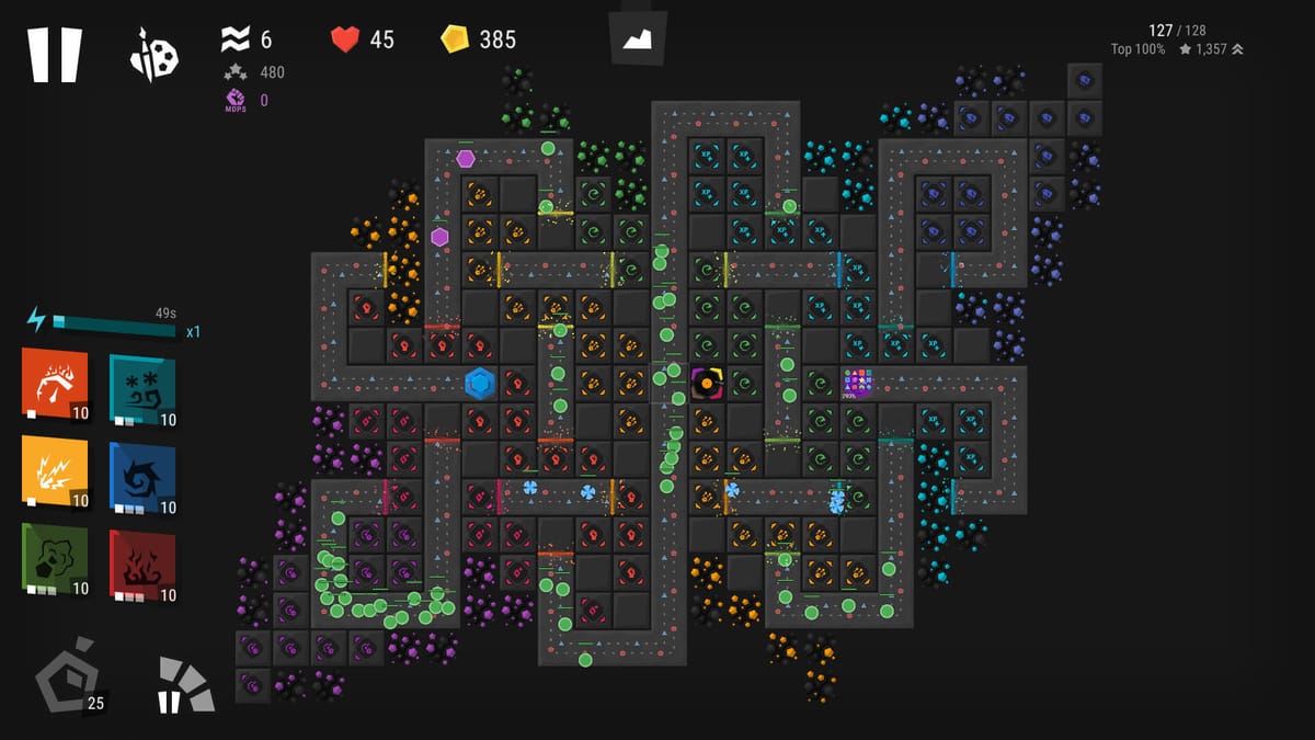 Infinitode 2: abstract lanes, towers, and waves in a minimal TD layout