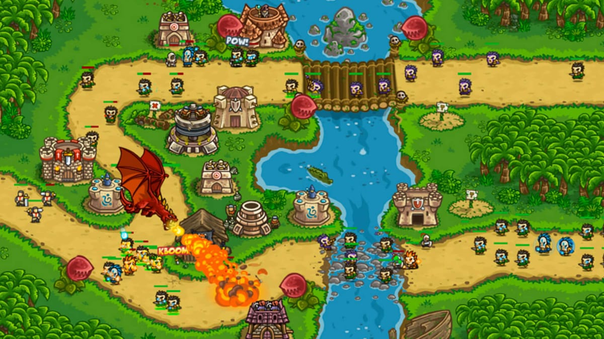 Kingdom Rush Frontiers: tropical map with towers, heroes, and enemy waves