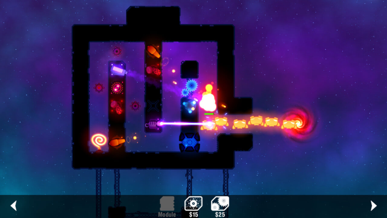 Radiant Defense: neon sci-fi tower defense map with winding enemy paths, turrets, and alien waves