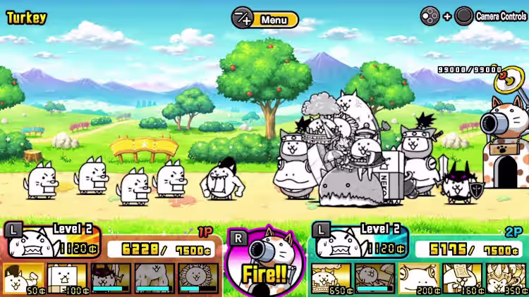 The Battle Cats: cartoon cats and enemy units facing off on a bright lane toward a base